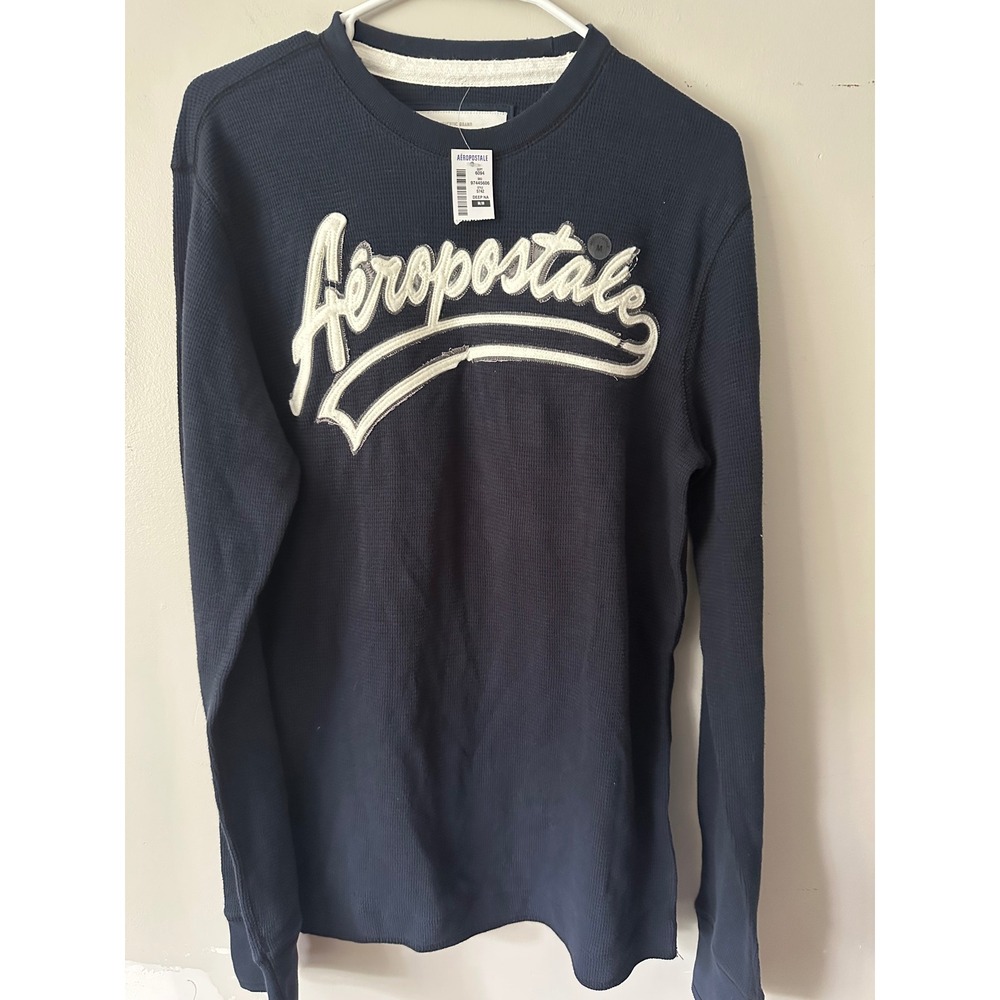 Y2kAeropostale Mens Navy Blue Waffle Knit Thermal Long Sleeve Logo Shirt  M